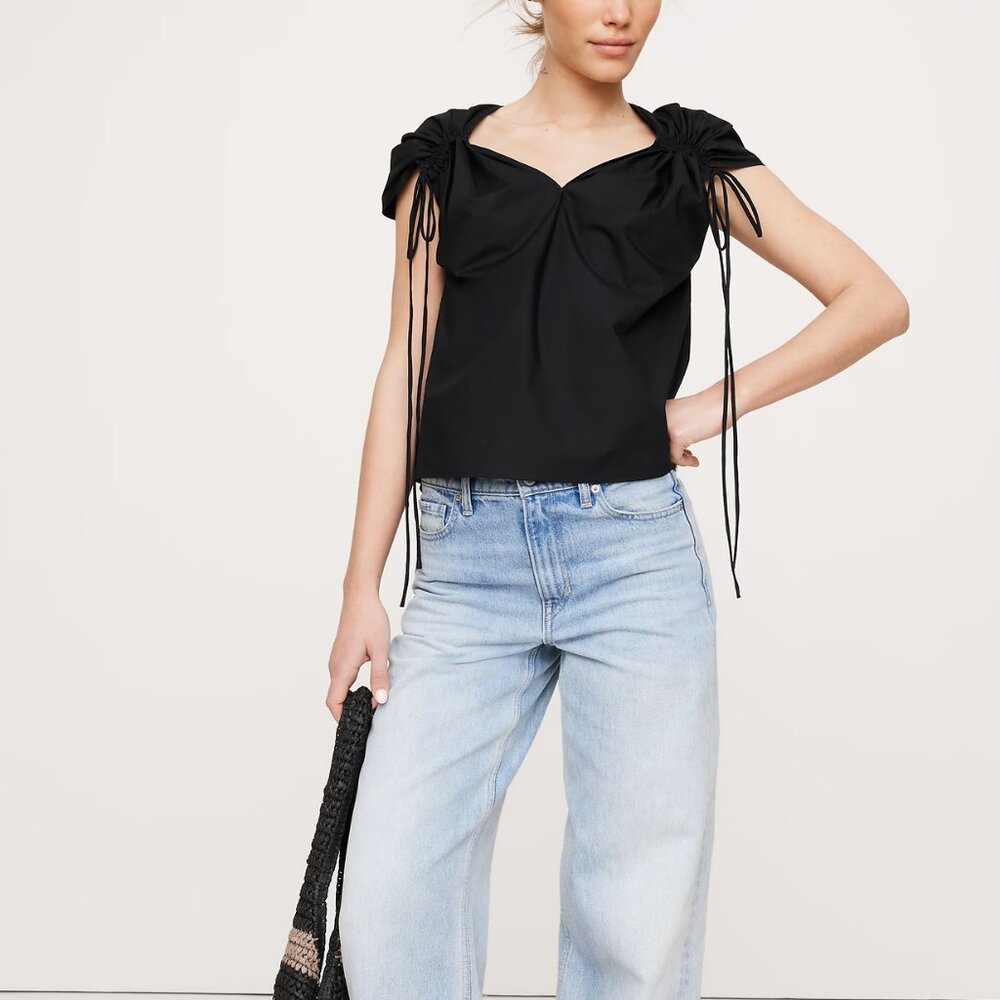NWT! Banana Republic Black Cotton Poplin Oversized Drawstring Tie Top XXS